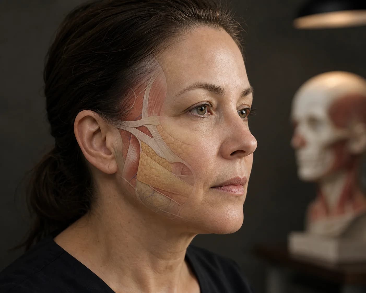 Endoskopik Deep Plane yüz germe yaklaşımını temsil eden anatomik cerrahi görselleştirme